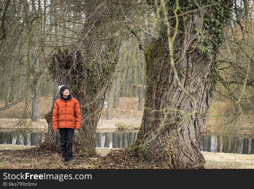 Person Wearing Orange Zip Up Bubble Jacket