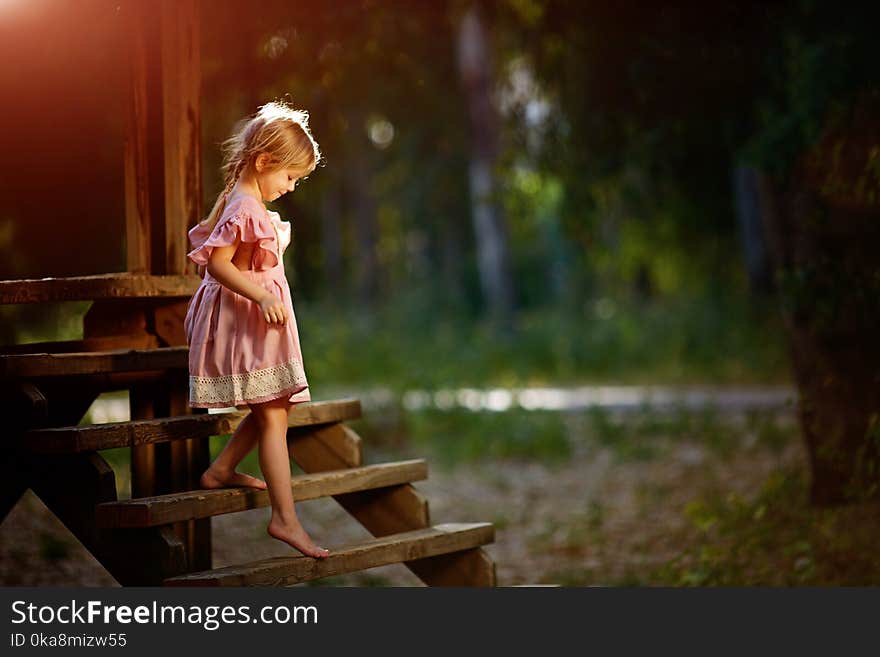 Little girl in a pink dress on a wooden bridge