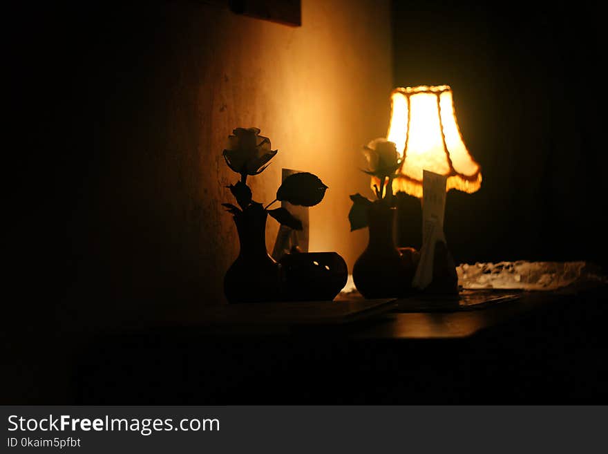 Evening lamp with roses and warm light in vintage room of cafe