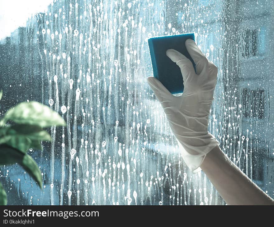 Spring cleaning - cleaning windows. Women`s hands wash the window, cleaning