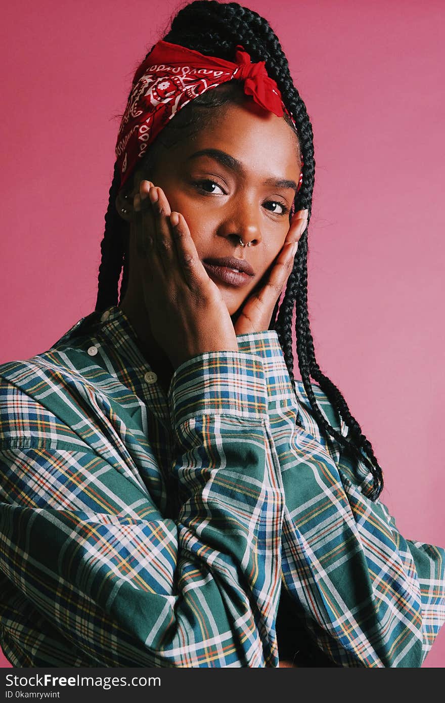 Close-Up Photography of a Woman Wearing Red Bandana