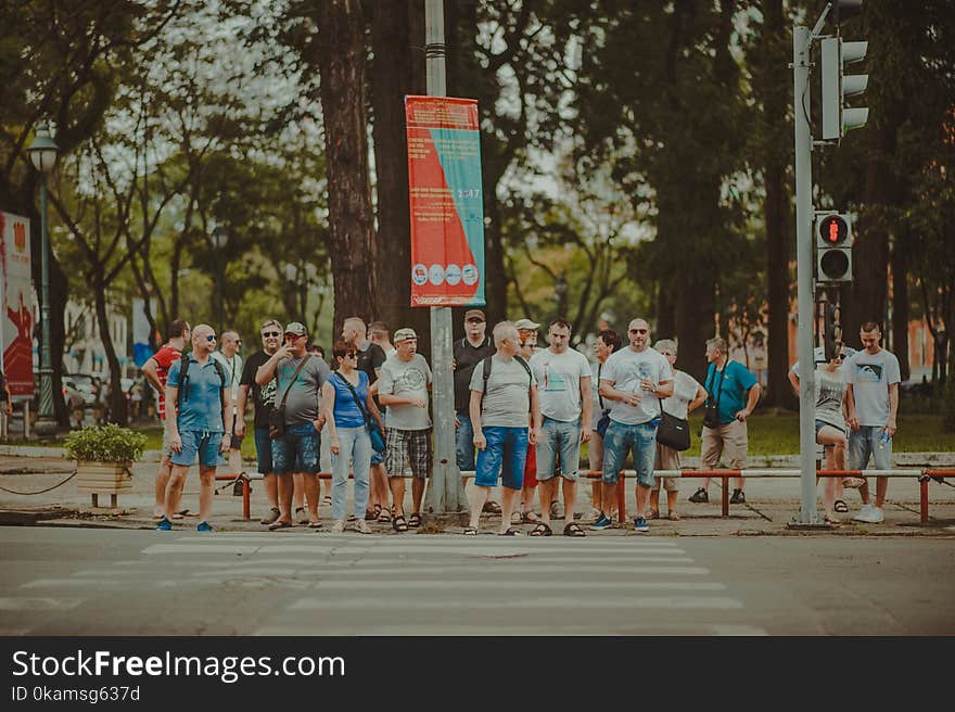 People Standing Near Metal Traffic Post