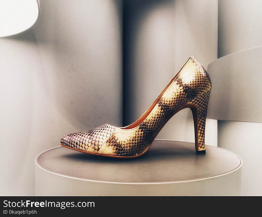 Snake leather stiletto on futuristic display. Snake leather stiletto on futuristic display