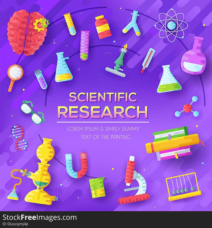 Set of scientific research elements on purple abstract template. Chemistry infographic concept background