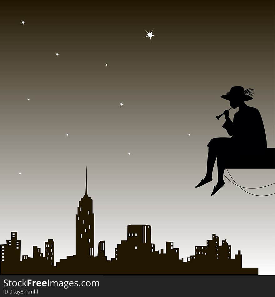 Dreamer sits and play trumpet under the night city sky, city lullaby, above the city