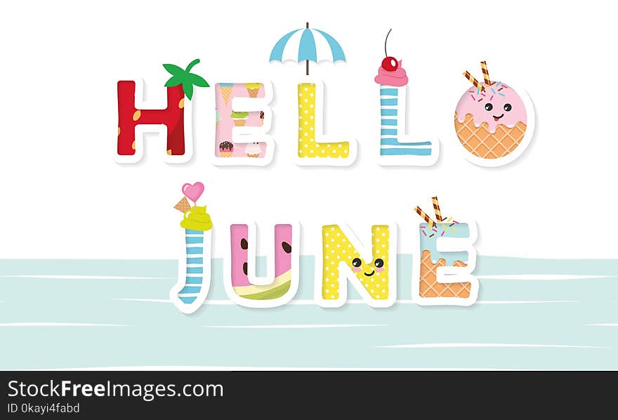 Hello june poster. Cartoon letters.