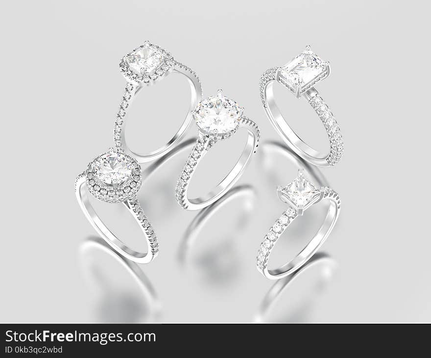 3D illustration five white gold or silver decorative diamond rings on a gray background