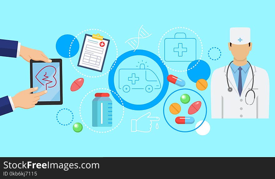 Online medicine banner with flat icons of digital healthcare solutions with electronic device vector illustration. Man holding tablet doctor pills filling form ambulance symbols for medical app