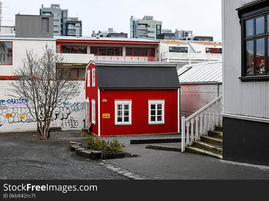 Red and White Wooden House Beside Brown Tree