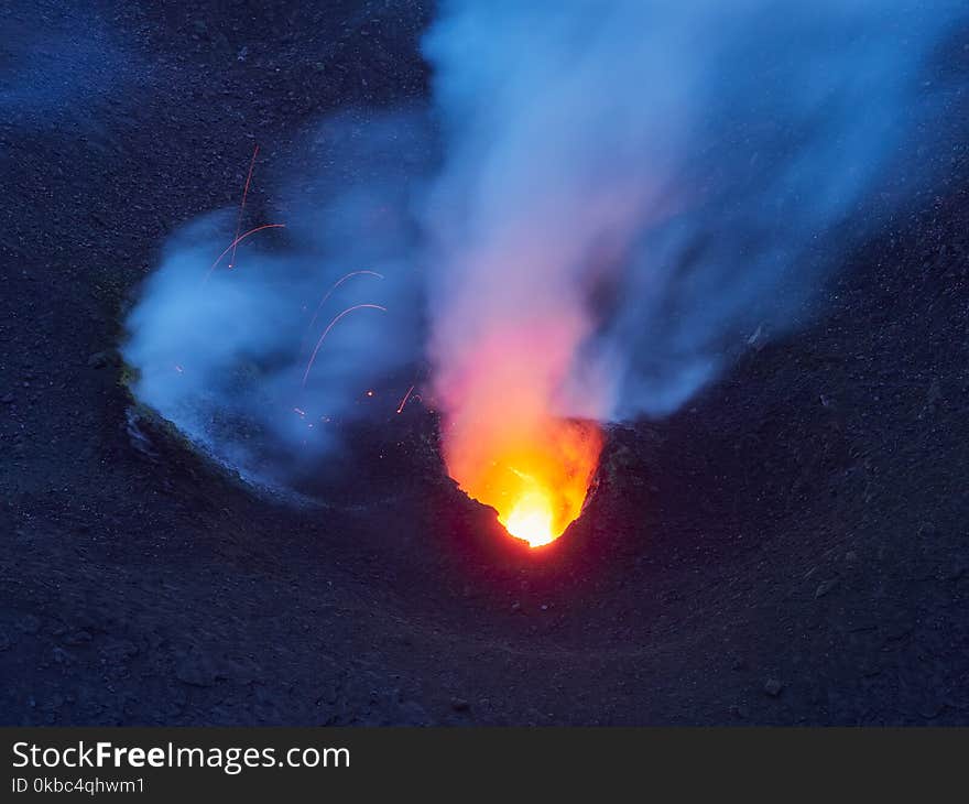 Eruption of the Stromboli volcano, Aeolian islands, Sicily, Italy