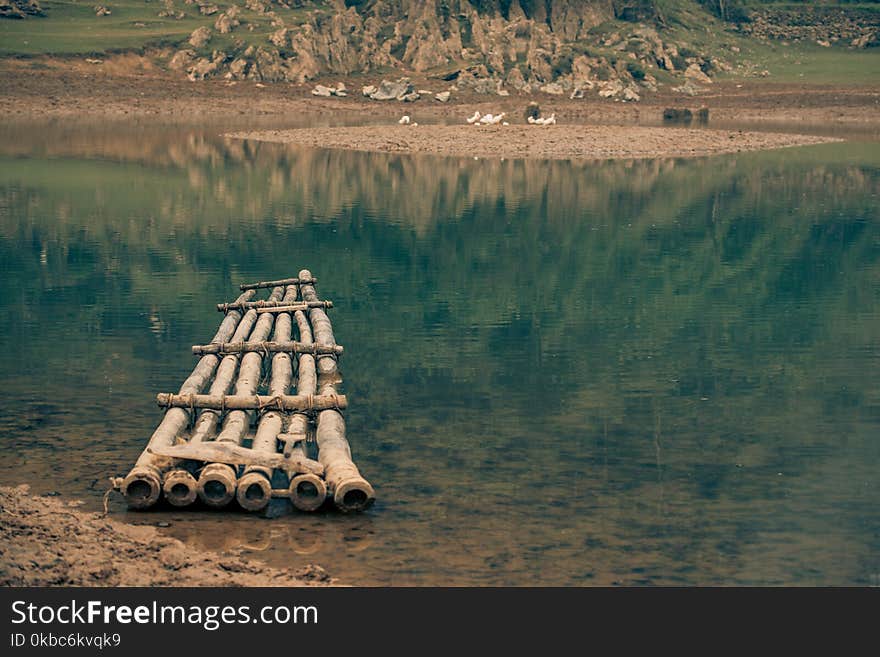 A lone raft awaits a villager on a river in Vietnam