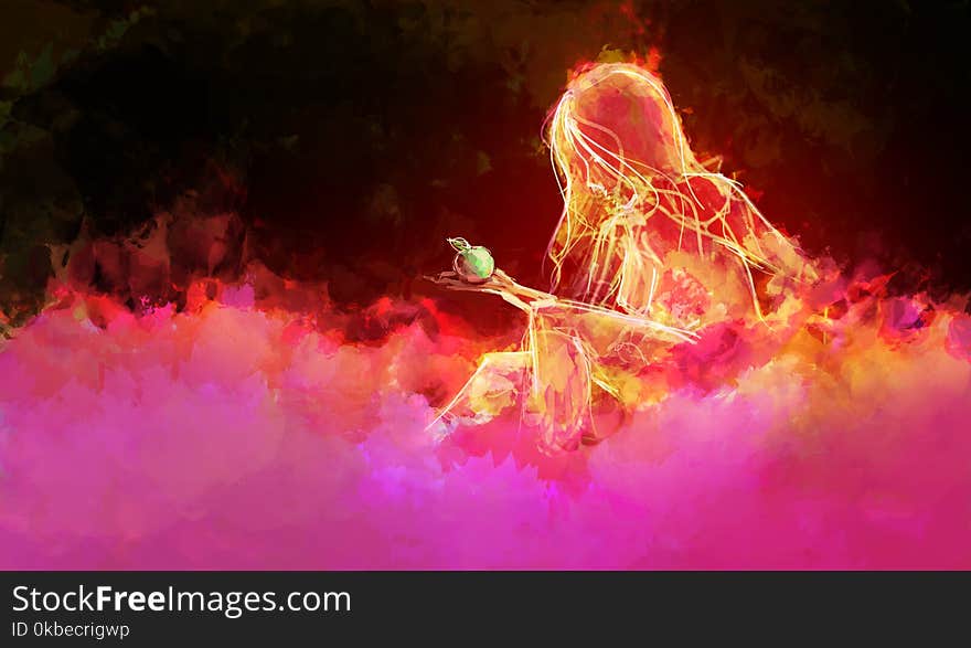 Passion Of Love - Illustration Of Nude Girl In Mood Sitting In Scenic Dark Place.