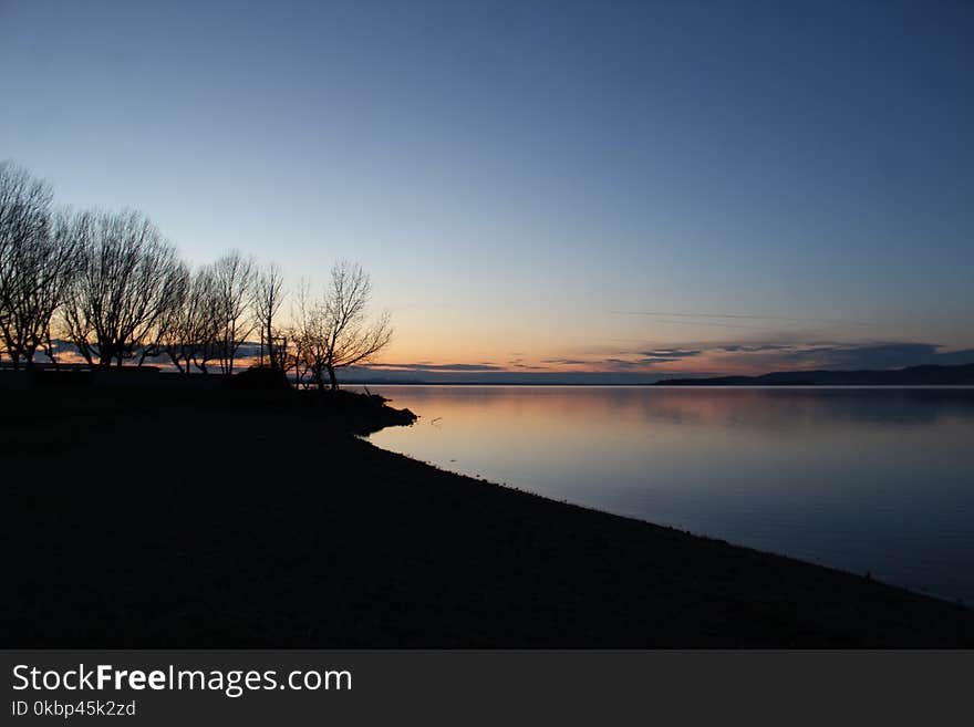 Silhouette of Trees Near Lake at Golden Time