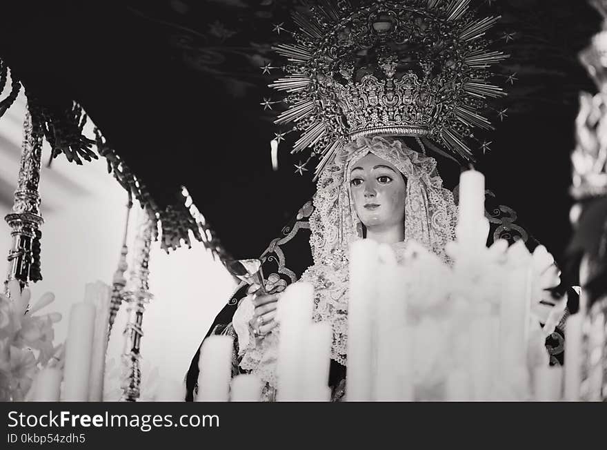 Grayscale Photo Of Religious Statue