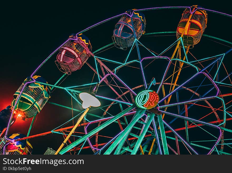 Lighted Ferris Wheel At Night