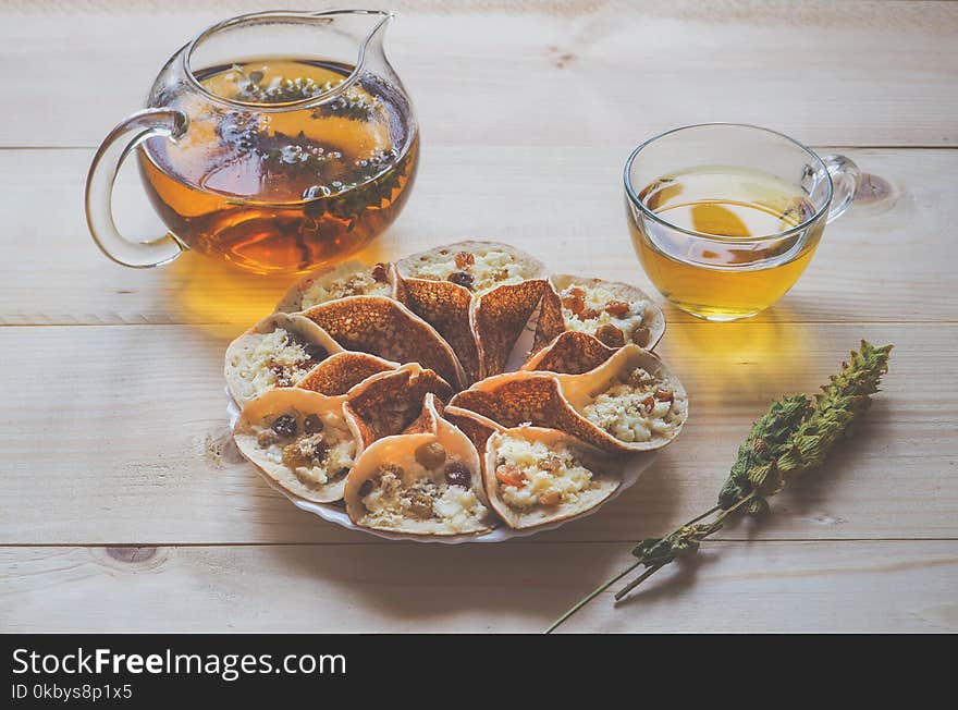 Moroccan pancakes with herbal tea. Middle Eastern food.