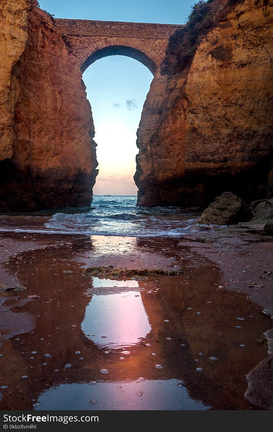 Landscape of the rocks, cliffs and ocean beach coastline Algarve Portugal,Panoramic nature beauty seascape, sunshine view