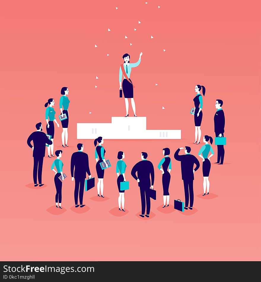 Vector flat illustration with successful business lady standing on podium in front of office people crowd isolated on blue backgro