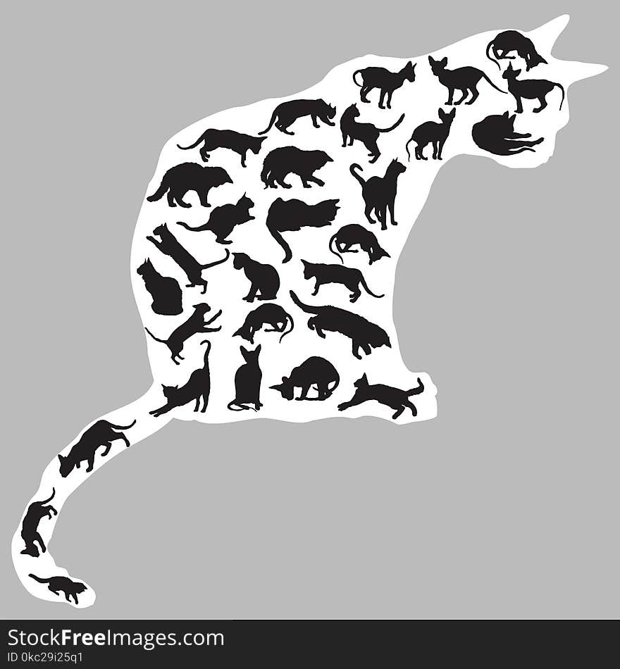 Set of different isolated cats silhouettes sitting, standing, lying, playing in black color inside big sitting silhouette of cat in white color. Grey background. Vector monochrome illustration. Set of different isolated cats silhouettes sitting, standing, lying, playing in black color inside big sitting silhouette of cat in white color. Grey background. Vector monochrome illustration.