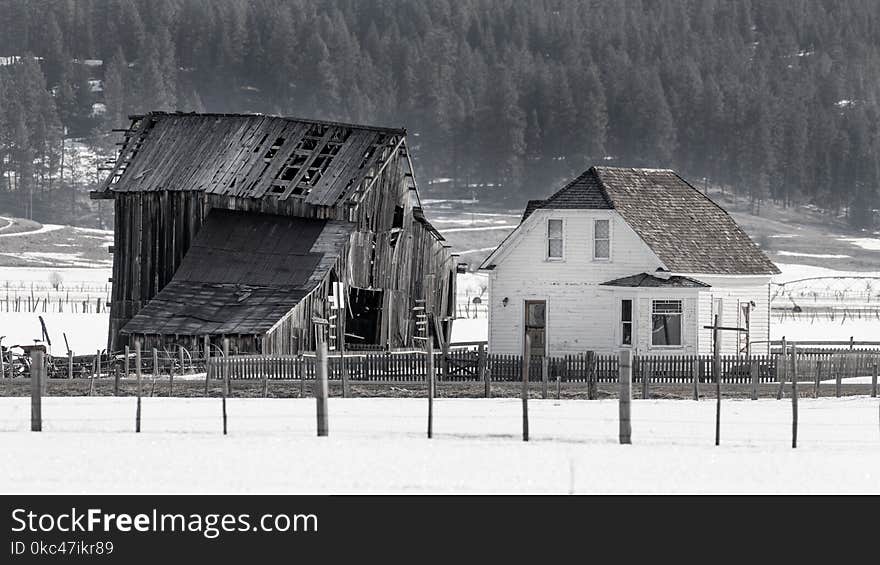 Old abandoned weather homestead in wither with a forest and snow