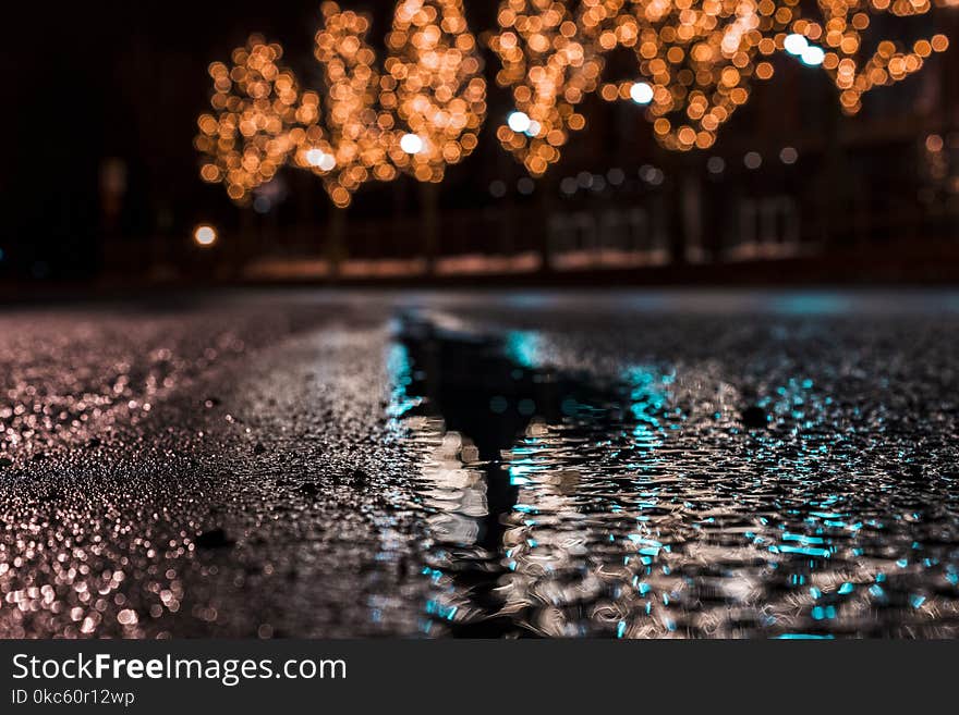 Selective Focus Photography of Asphalt Road With Water Droplets Near City Lights during Nighttime