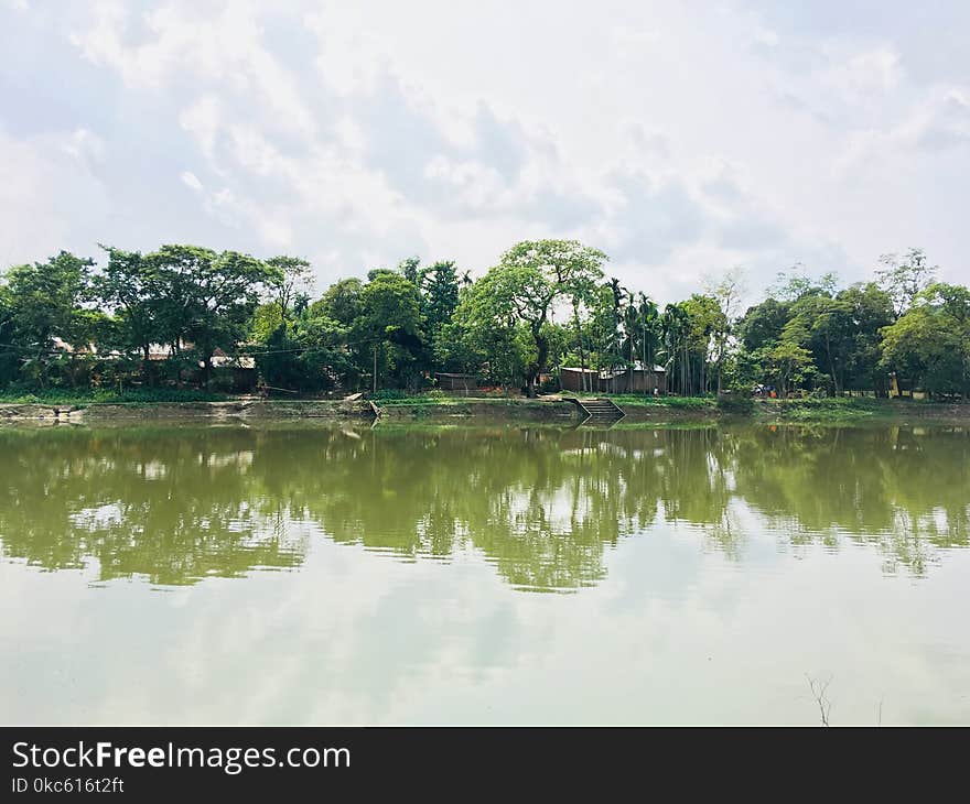 Body of Water Near Trees Under Cloudy Sky