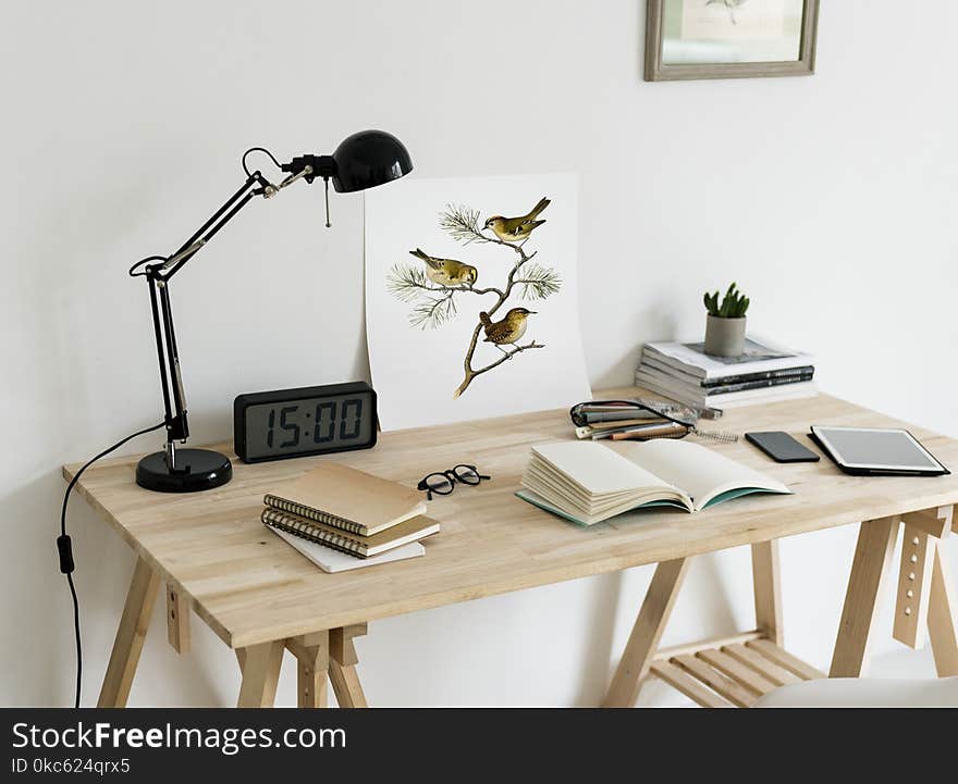 Brown Wooden Desk With Table Lamp