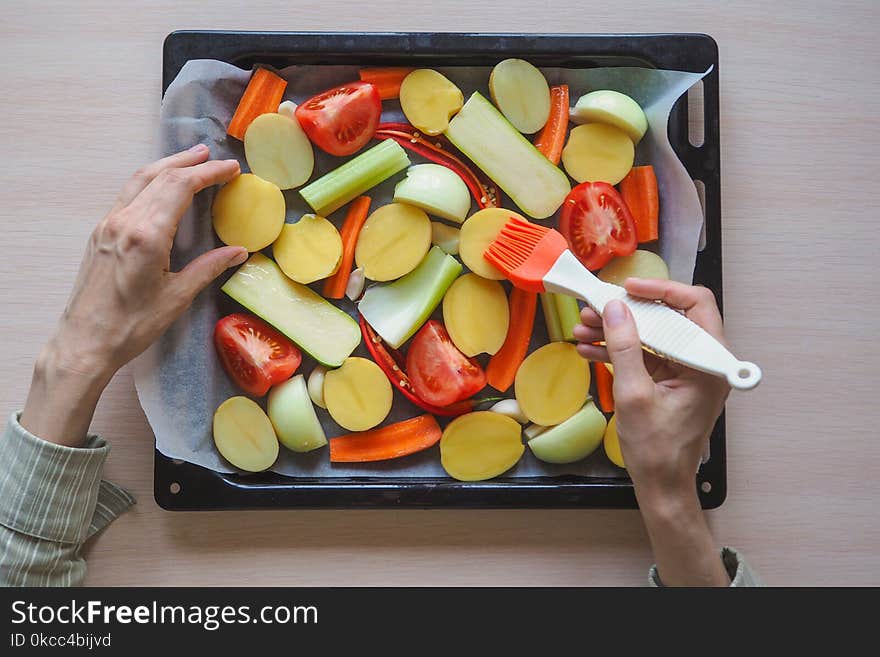 Delicious baked vegetables on parchment.