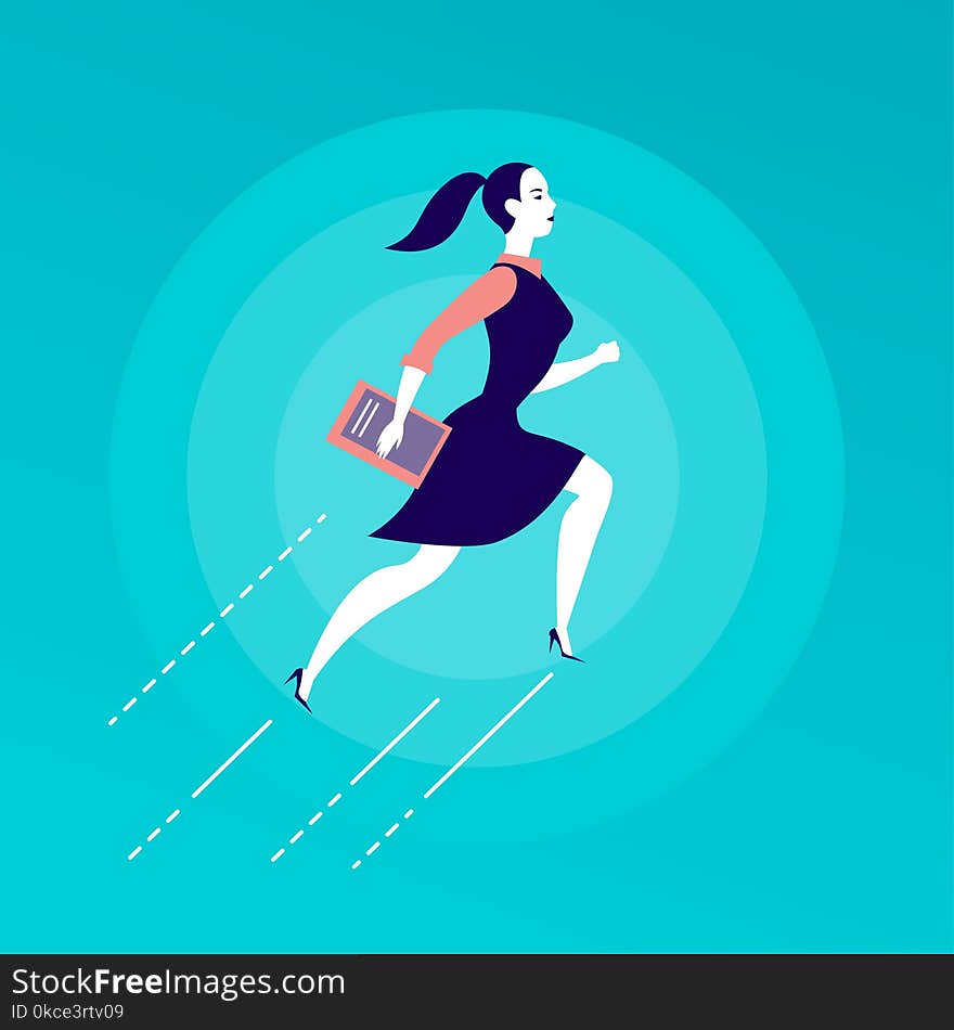 Vector Flat Illustration With Business Lady Jumping Upwards Isolated On Blue Background.