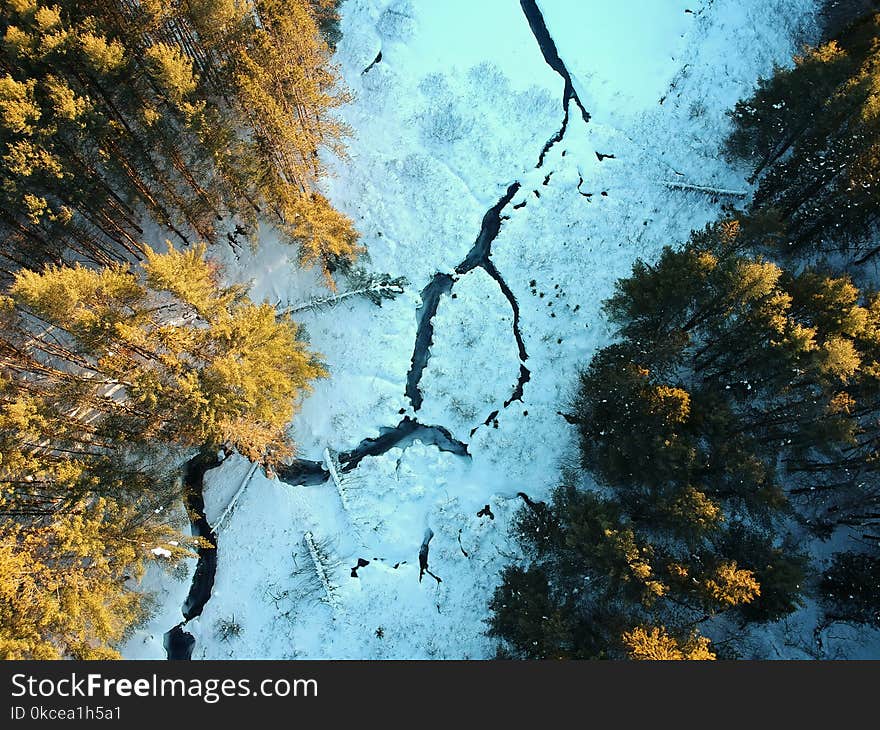 Aerial drone shot of winding river through winter forest