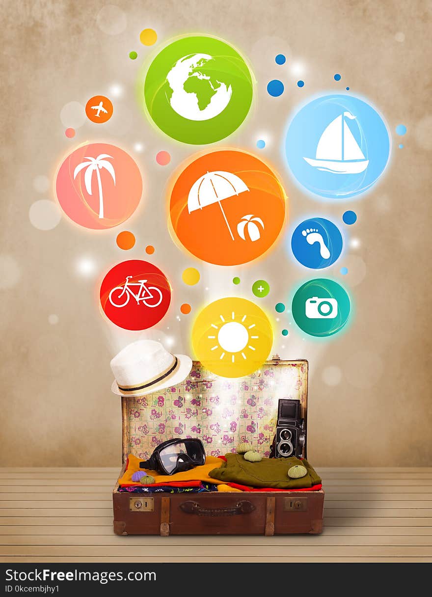 Suitcase With Colorful Summer Icons And Symbols