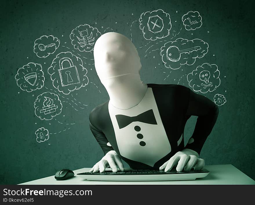 Hacker in mask morphsuit with virus and hacking thoughts on green background