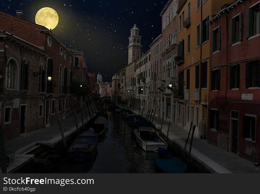 Waterway, Town, Night, Sky