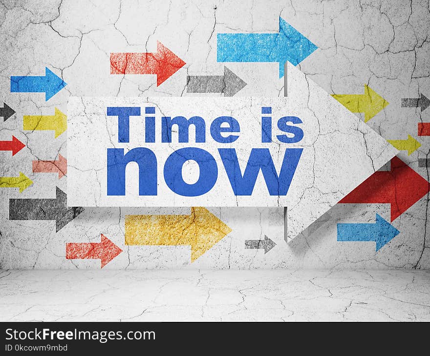 Time concept: arrow with Time is Now on grunge textured concrete wall background, 3D rendering. Time concept: arrow with Time is Now on grunge textured concrete wall background, 3D rendering