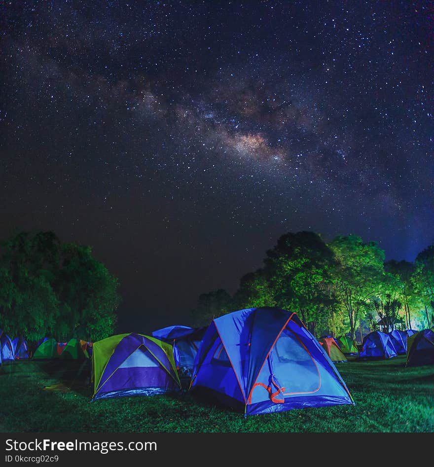 Landscape Panorama Milky way at Huay Mae Kamin Waterfall in rainforest at Kanchanaburi, Thailand.