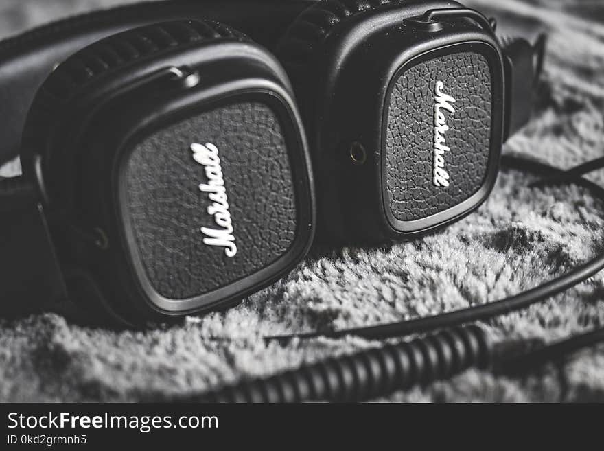 Grayscale Photography of Black Marshall Headphones