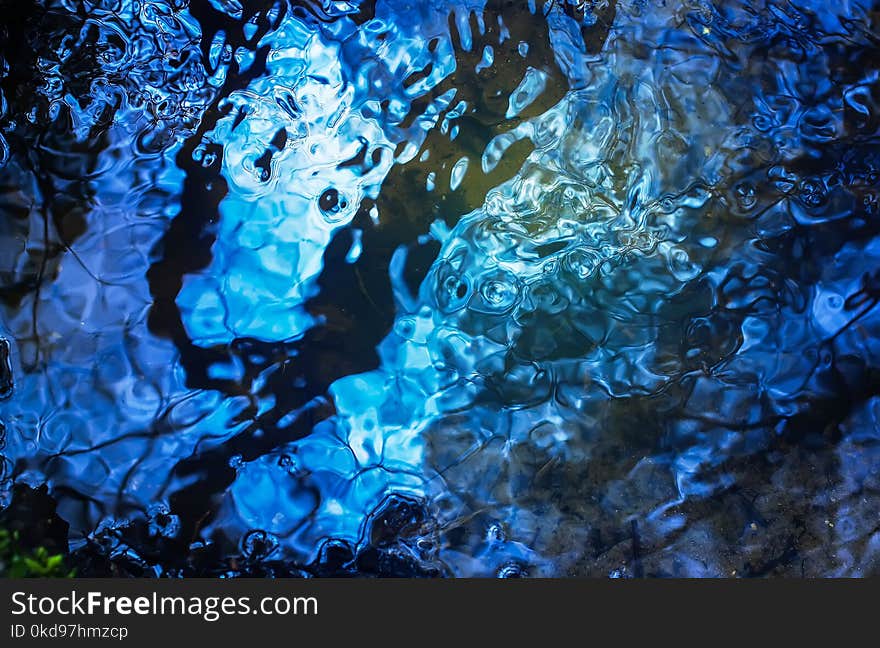 Water with reflections in a small stream in a forest at spring. Water with reflections in a small stream in a forest at spring