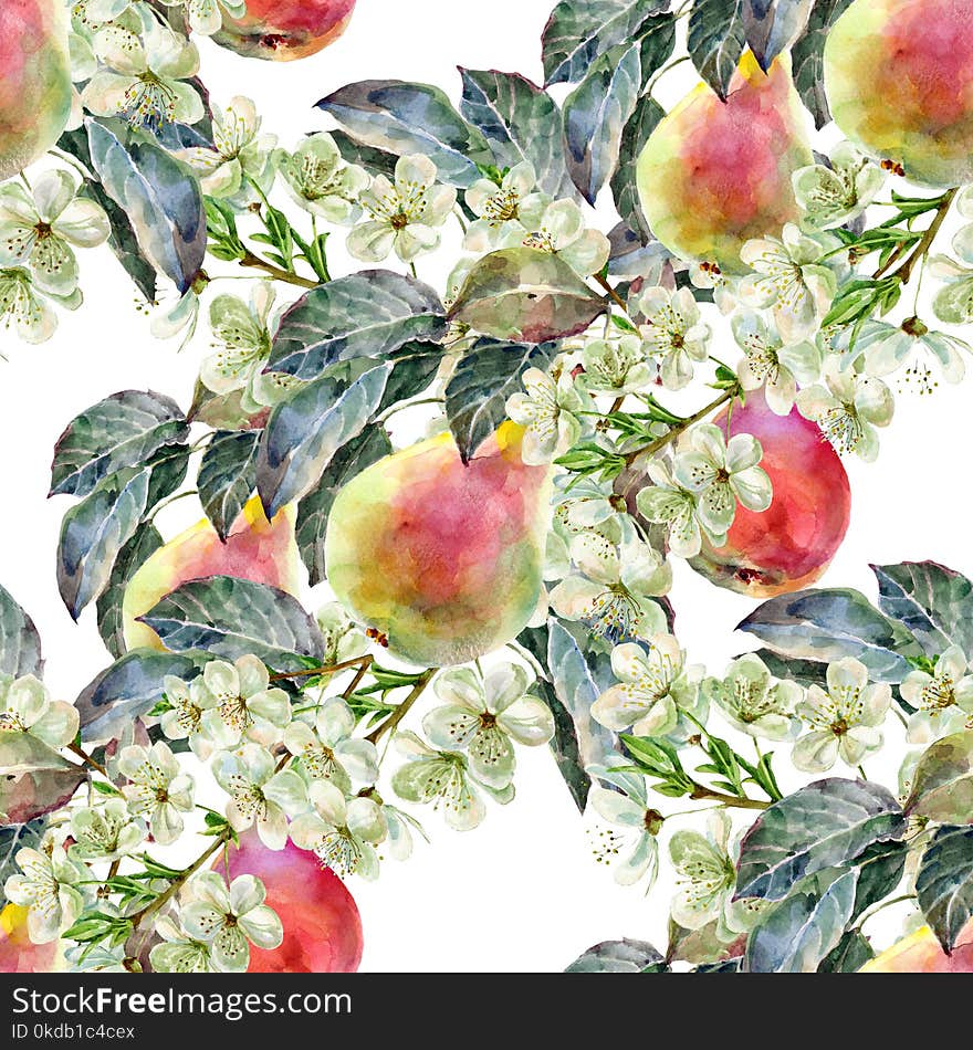 Watercolor pear with flowers. Floral seamless pattern. White background.