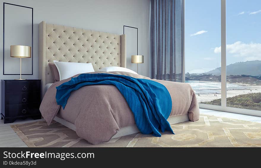 Modern bedroom interior design with ocean view 3d Render 3d illustration. Modern bedroom interior design with ocean view 3d Render 3d illustration