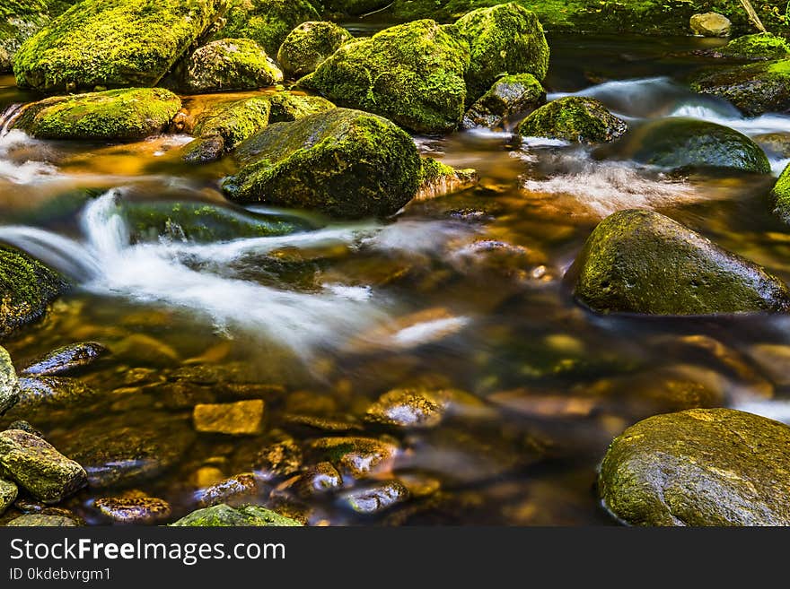 Timelapse Photography of River Flowing Through Moss-covered Rocks