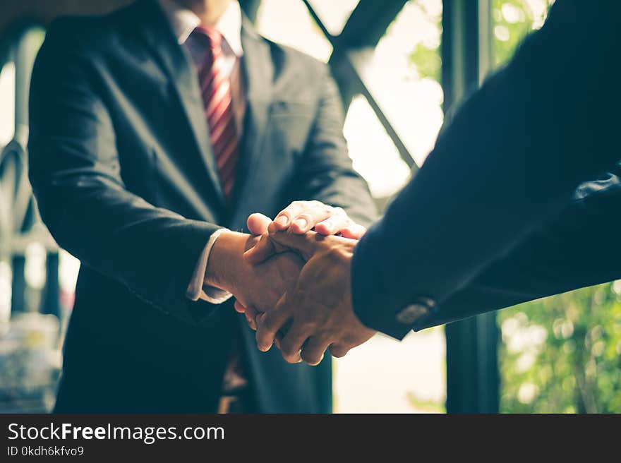 Two confident businessman shaking hands for demonstrating their