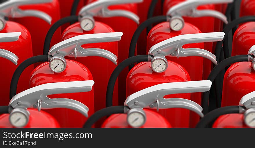 Fire safety. Group of red fire extinguishers with silver handle, closeup view, blur background. 3d illustration. Fire safety. Group of red fire extinguishers with silver handle, closeup view, blur background. 3d illustration