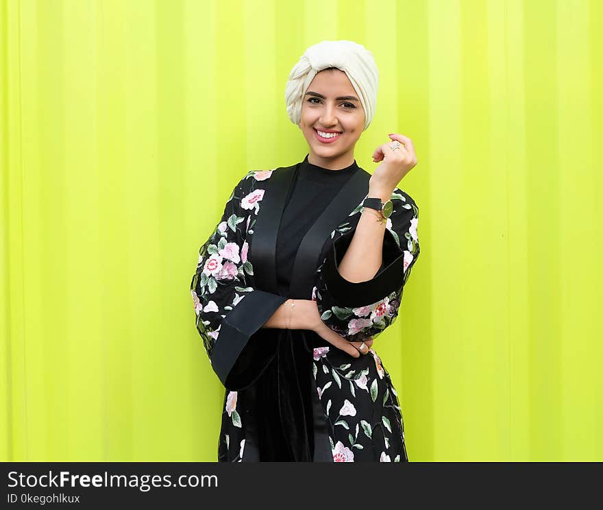 Photo of Woman Wearing Black and White Floral Kimono