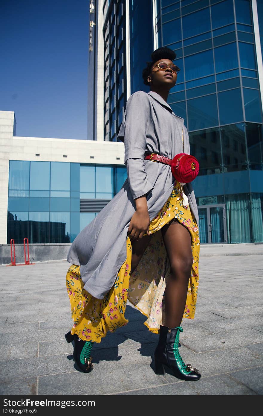 Woman Wearing Gray Long-sleeved Dress