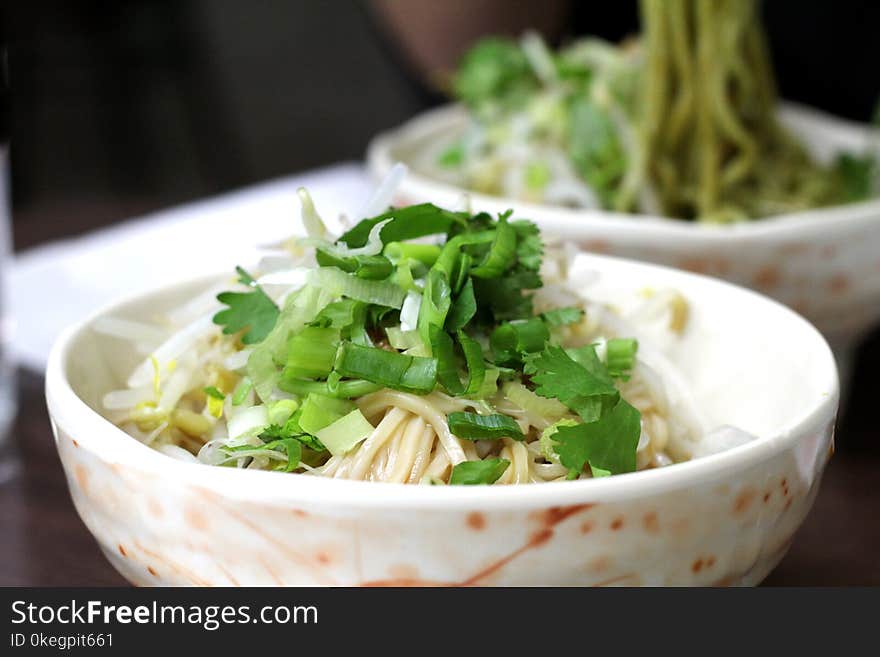 Pasta Dish Inside Round Ceramic Bowl