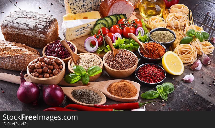 Composition with assorted organic food products on the table