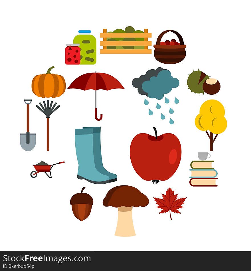 Flat autumn icons set. Universal autumn icons to use for web and mobile UI, set of basic autumn elements isolated vector illustration. Flat autumn icons set. Universal autumn icons to use for web and mobile UI, set of basic autumn elements isolated vector illustration