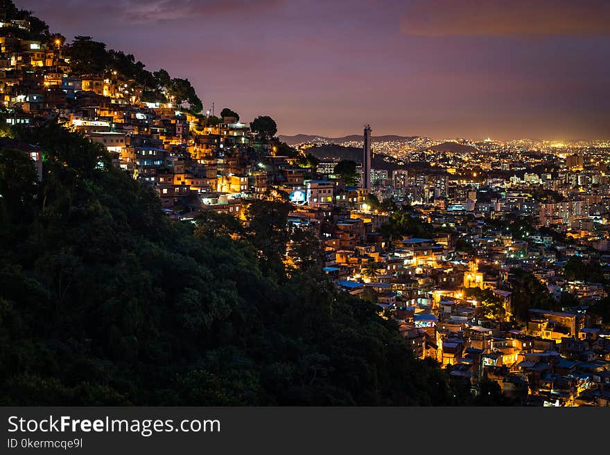 View of Fragile Residential Houses on the Hill in Rio de Janeiro at Night. View of Fragile Residential Houses on the Hill in Rio de Janeiro at Night.