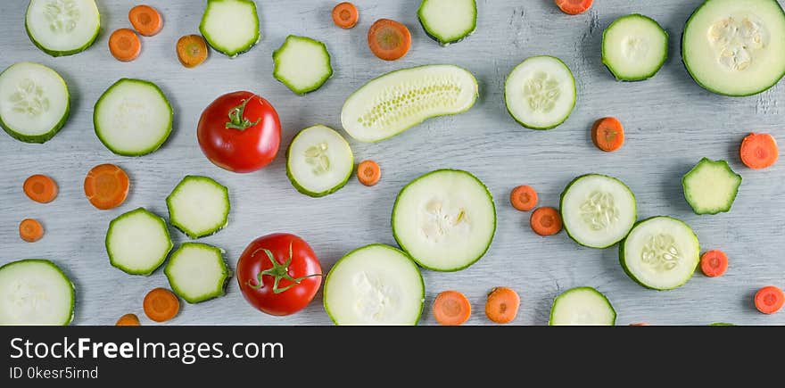 Wide Photo Vegetables On Wooden Background.