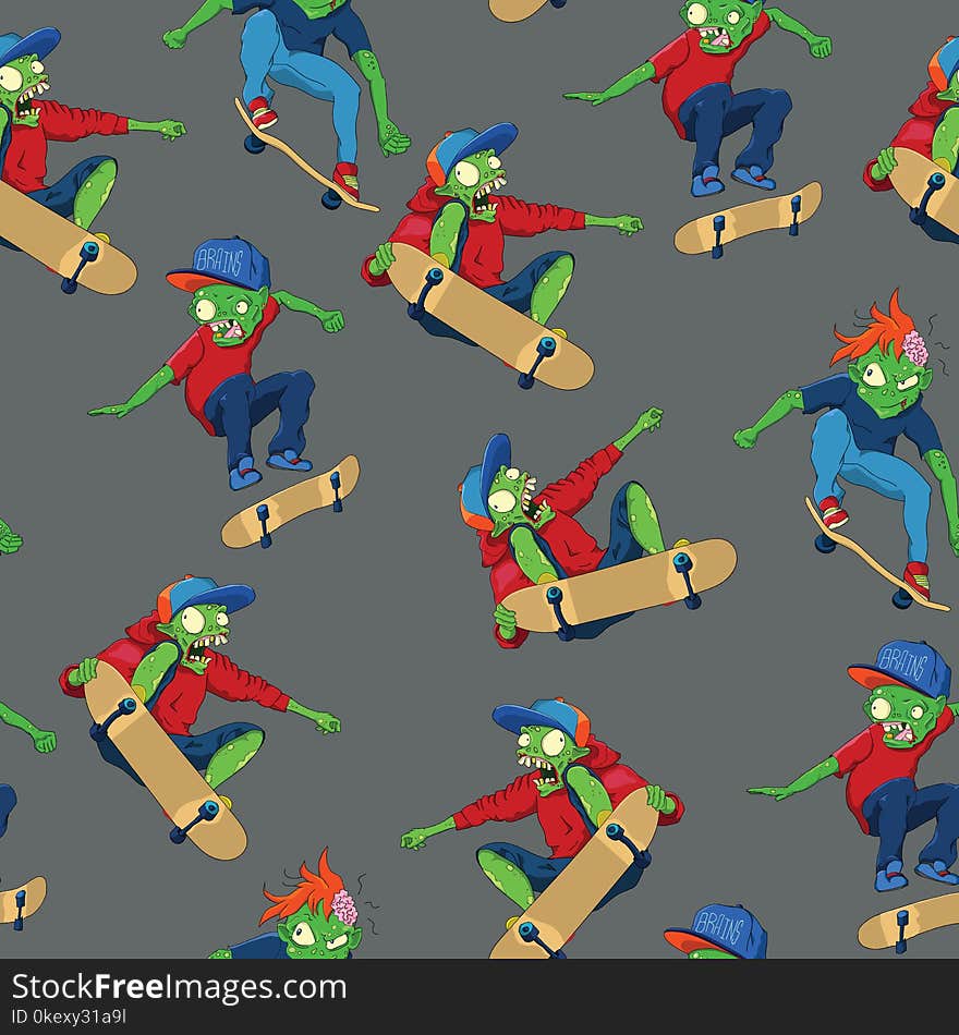 Cool and funny hand drawn zombie skate theme and skate seamless pattern vector